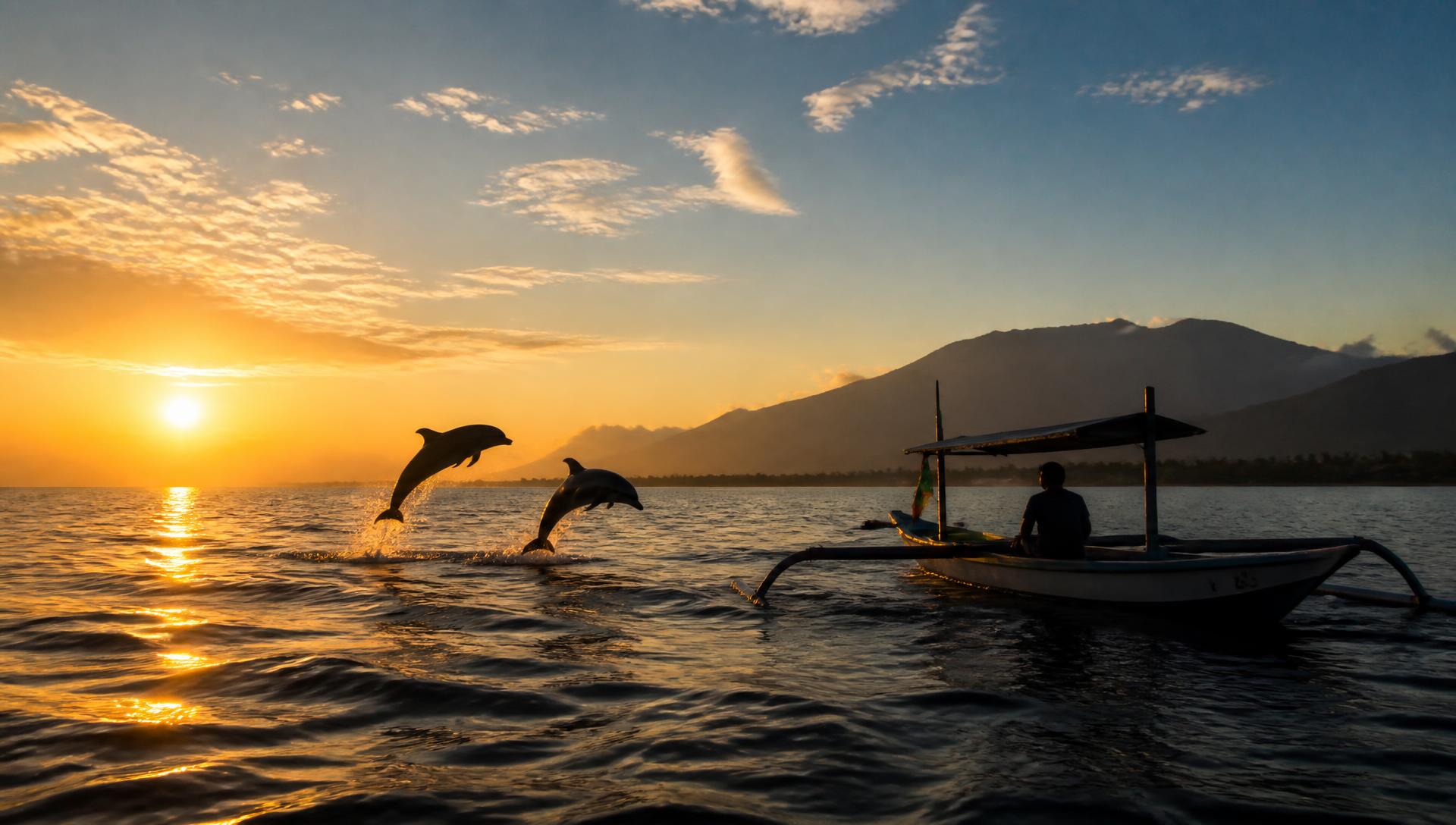 Sunrise at Lovina Beach with wild dolphins leaping from the ocean